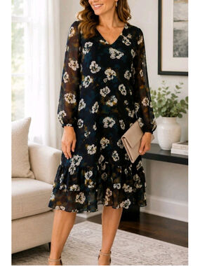 Cabi Floral Chiffon Shift Dress Size Large Navy Blue Sheer Sleeve Ruffle Hem